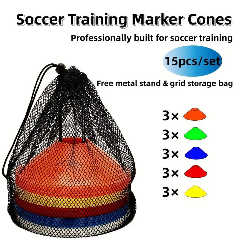 Elevate Your Game with the 15-Piece Football Training Marker Cone Set - Includes Metal Bracket and Convenient Net Bag for Easy Transport!